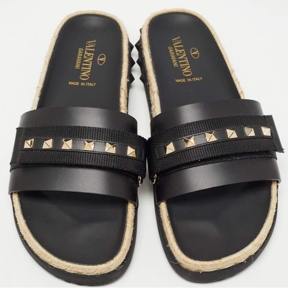 Valentino Shoes - Valentino Garavani Rockstud Espadrille Pool Slides Black